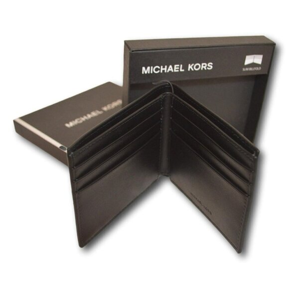 MICHAEL KORS BLACK LEATHER SLIM BI FOLD MENS WALLET - NIB - Picture 2 of 3